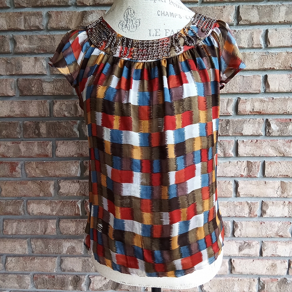 Aryn K. Multi-colored Silk Blouse.